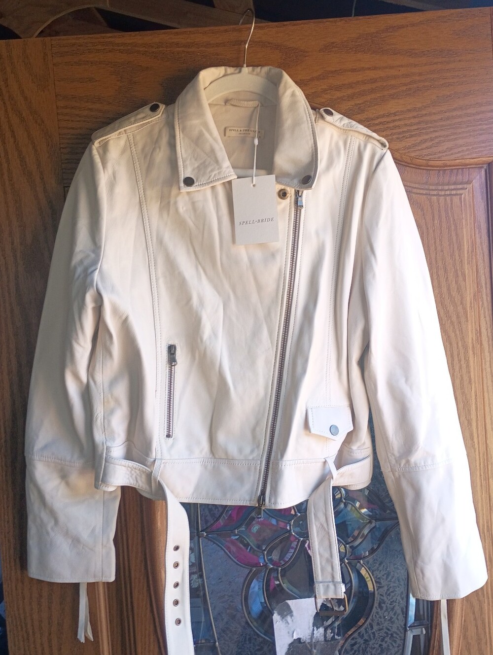 Spell And Bride  Cream Leather Moto Jacket with Belt
